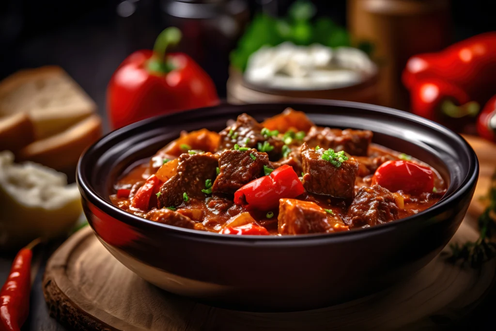 Steaming Hungarian Goulash in a rustic bowl, showcasing tender beef and vibrant paprika-infused brot