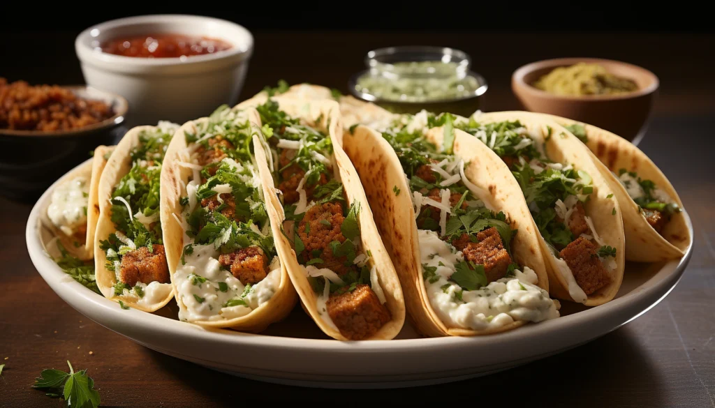 Creamy garlic aioli drizzled over crispy fish tacos with fresh herbs