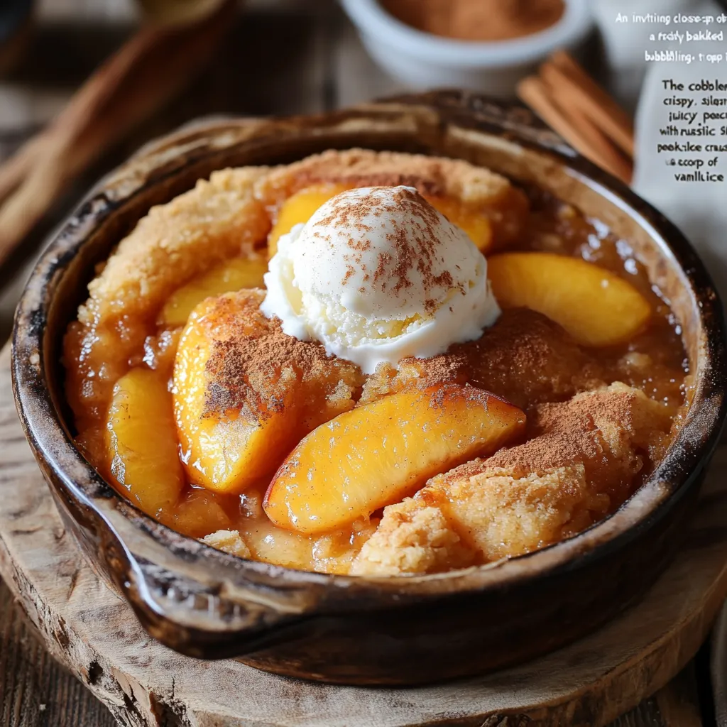 Peach cobbler recipe with cake mix, golden and bubbly, served with vanilla ice cream and whipped cream on the side