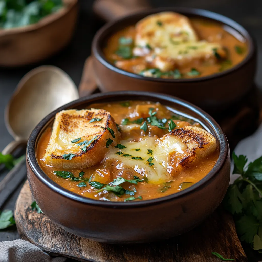 A warm bowl of creamy tomato soup served with a golden, crispy grilled cheese sandwich on the side.