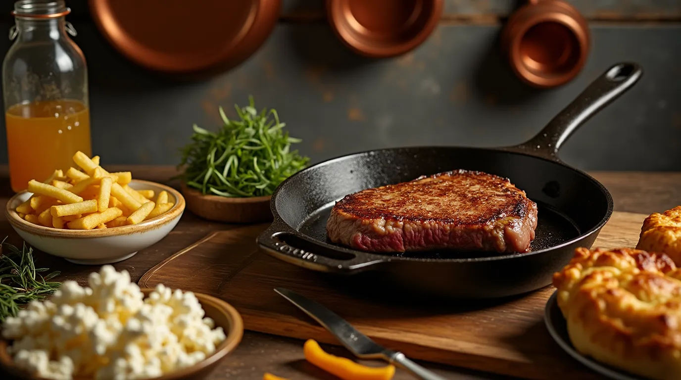 "Golden jar of Wagyu beef tallow with rosemary, peppercorns, and crispy cracklings beside a sizzling steak and roasted vegetables in a rustic kitchen."