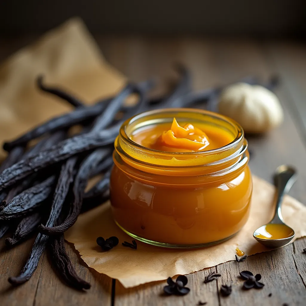 "A jar of homemade Vanilla Paste Recipe with a spoon and fresh vanilla beans nearby"