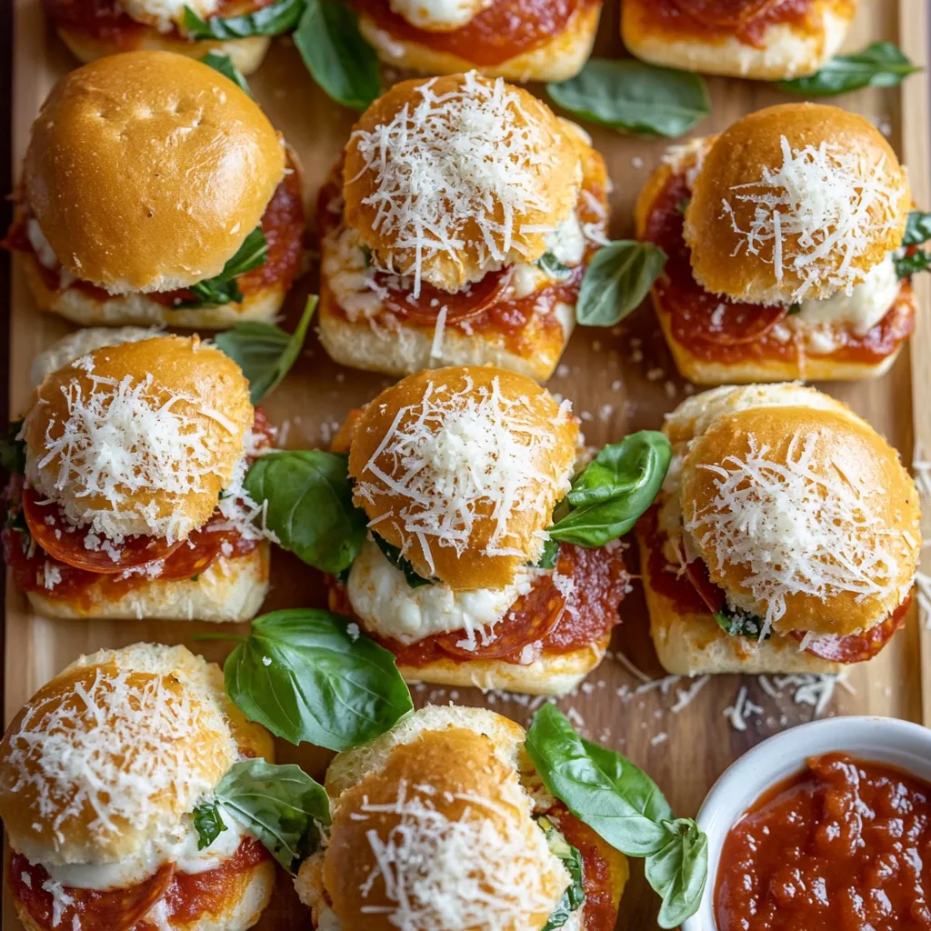 "Close-up of Italian sliders recipe with melted cheese, fresh basil, and marinara sauce on a golden slider bun."