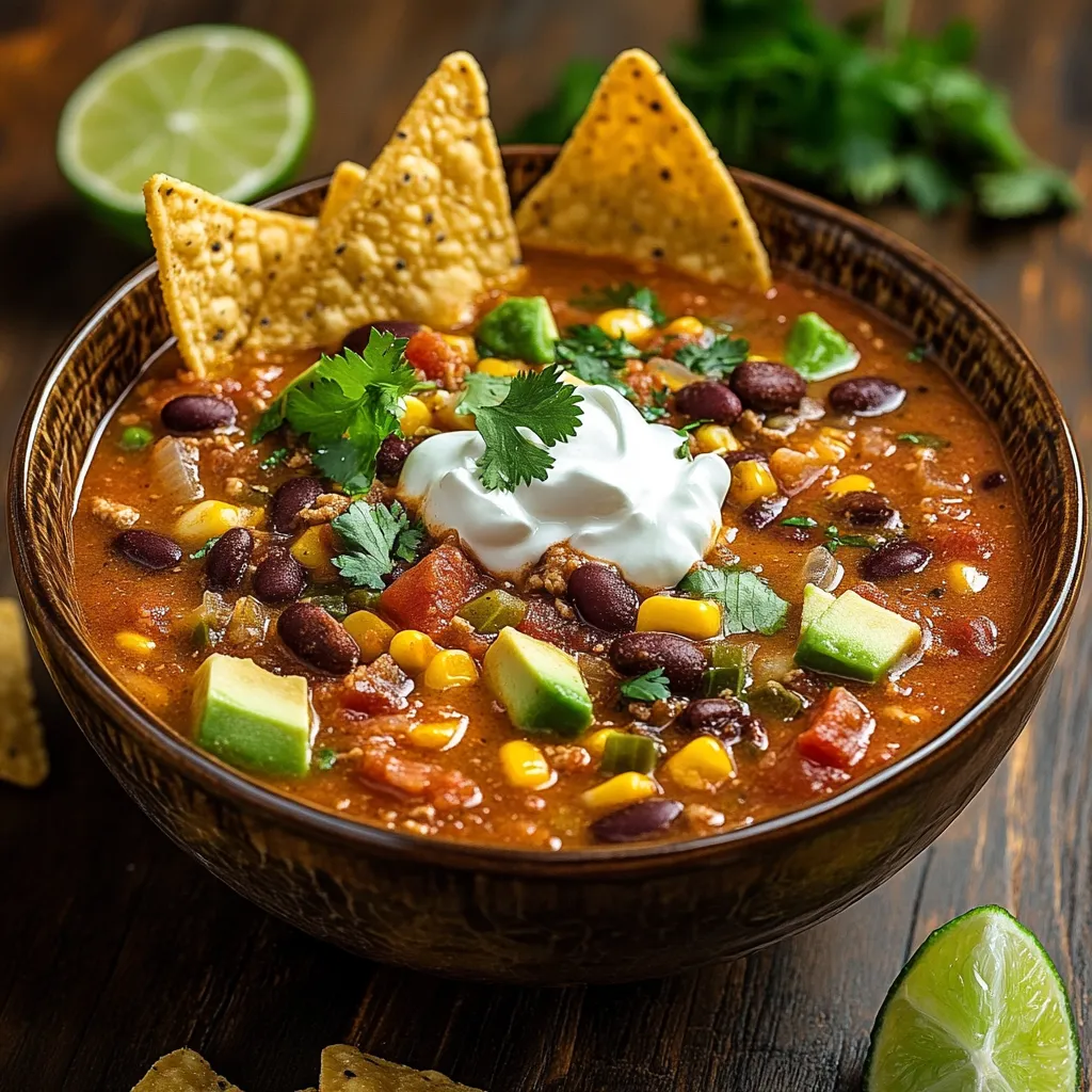 A delicious bowl of California Pizza Kitchen Tortilla Soup, topped with crispy tortilla strips, avocado, cilantro, and sour cream, served with lime wedges on the side.