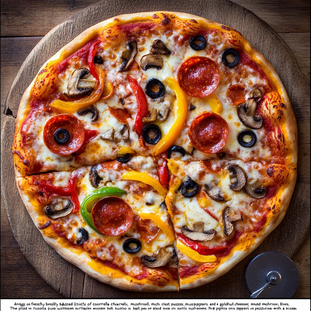 "Freshly baked 10 inch pizza with a variety of toppings including pepperoni, mushrooms, bell peppers, and olives."