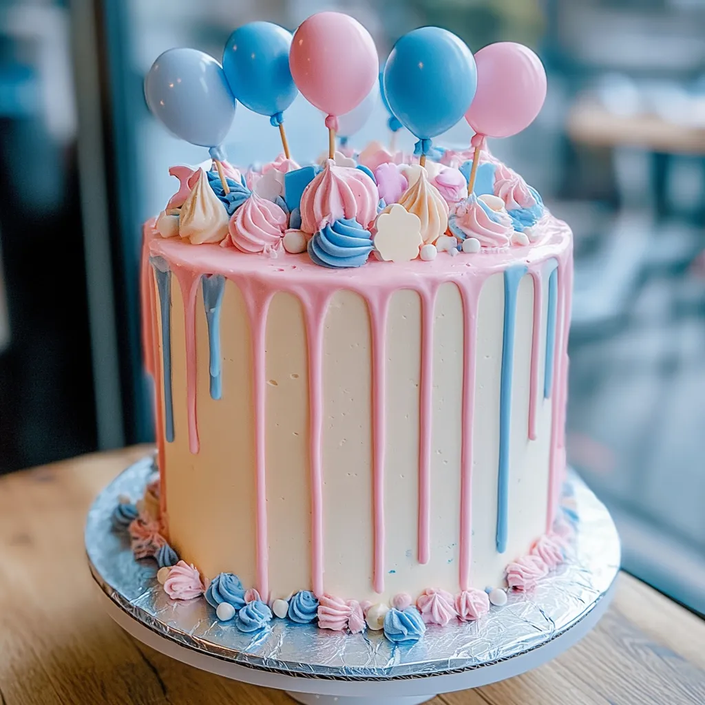 "Beautifully decorated gender reveal cake with pink and blue accents, perfect for celebrating the big surprise."