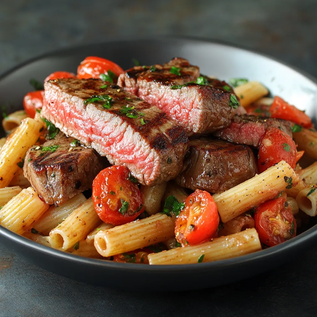 Grilled steak and pasta recipes served with roasted vegetables and garnished with fresh herbs.
