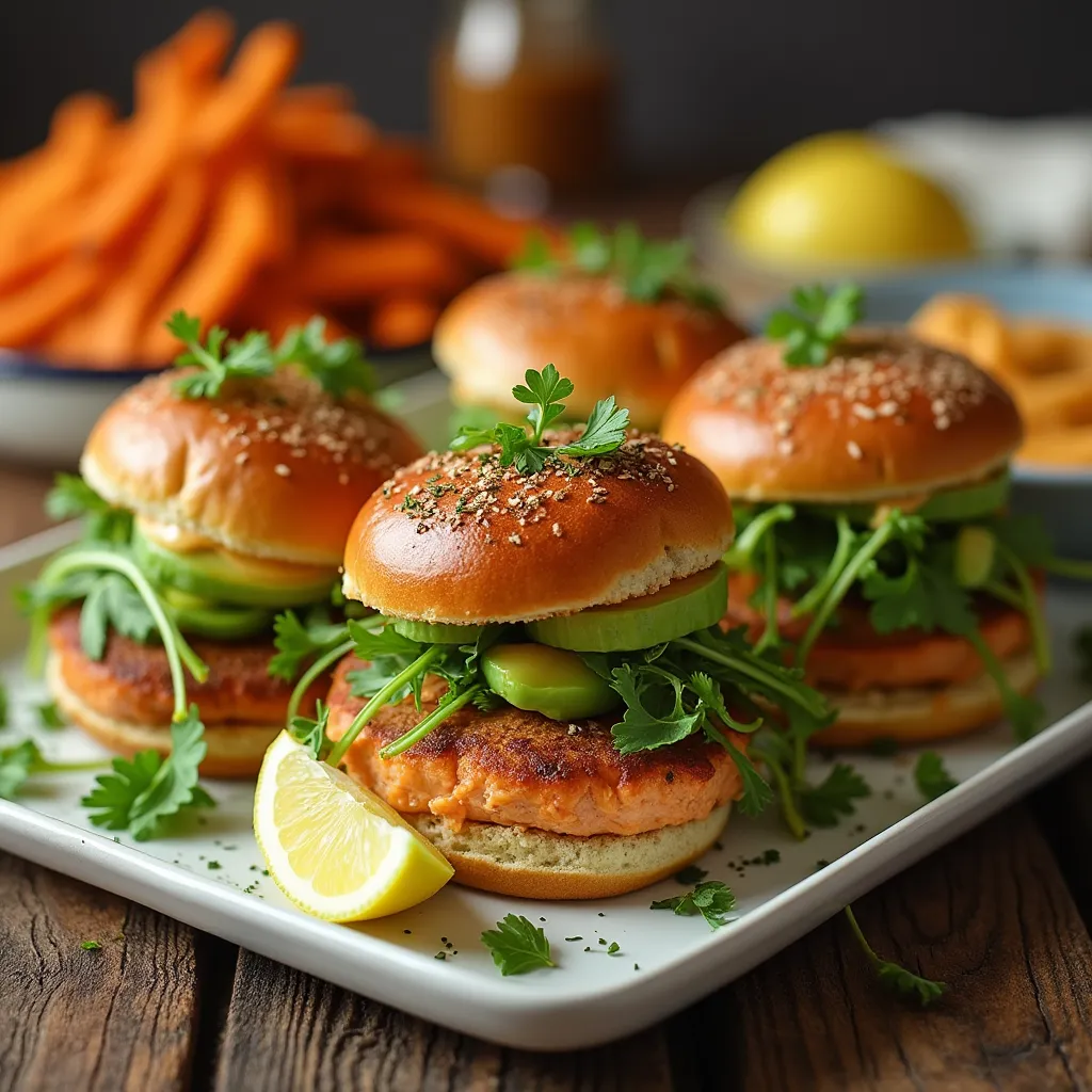 "Golden salmon sliders recipe topped with dill aioli, arugula, and avocado, served on a rustic wooden table with sweet potato fries and lemon wedges."