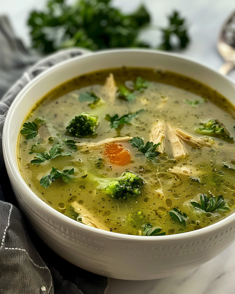 Freshly made easy healthy chicken broccoli soup in bowl with steam rising