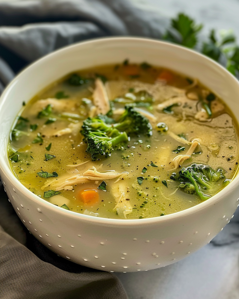 Creamy finished chicken broccoli soup served in bowl ready to enjoy