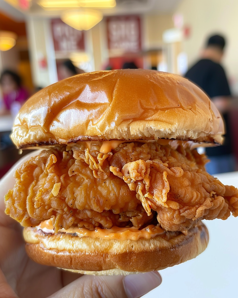 Popeyes Chicken Sandwich RecipeJenny Park 4 The final crispy fried chicken sandwich stacked on brioche bun with spicy mayo and pickles