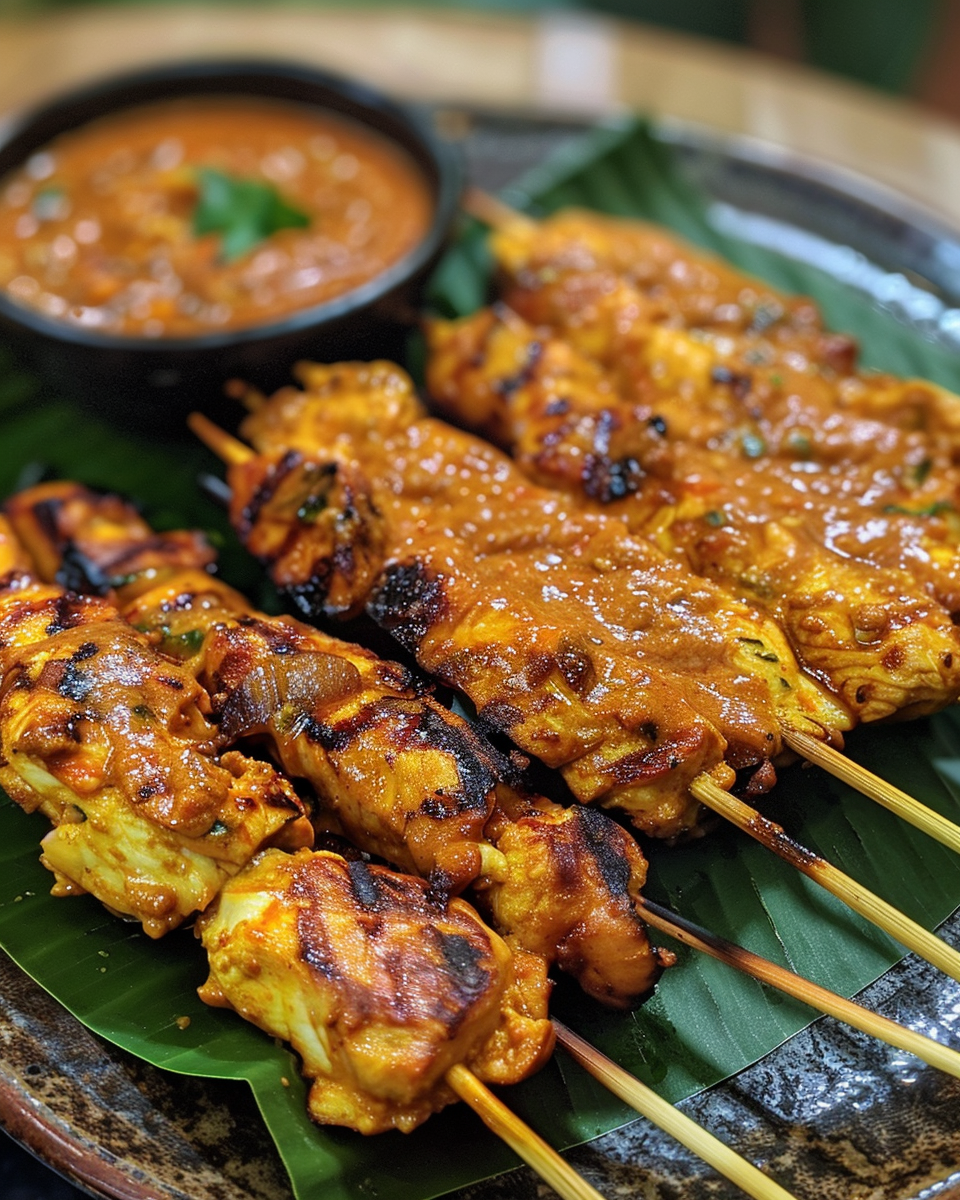 Ingredients displayed for Thai chicken satay including coconut milk, peanut butter, and curry paste