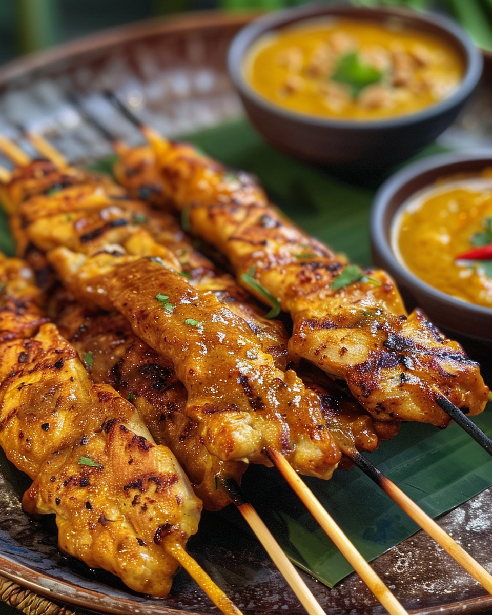 Simmering creamy peanut sauce for Thai chicken satay in saucepan