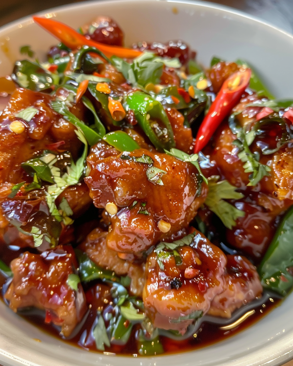 Final plated Thai sweet chili chicken with garnishes ready to serve