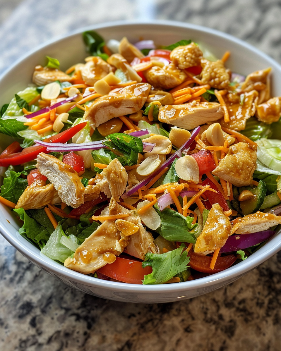 Ingredients for Applebee69s Oriental Chicken Salad copycat with chicken and veggies