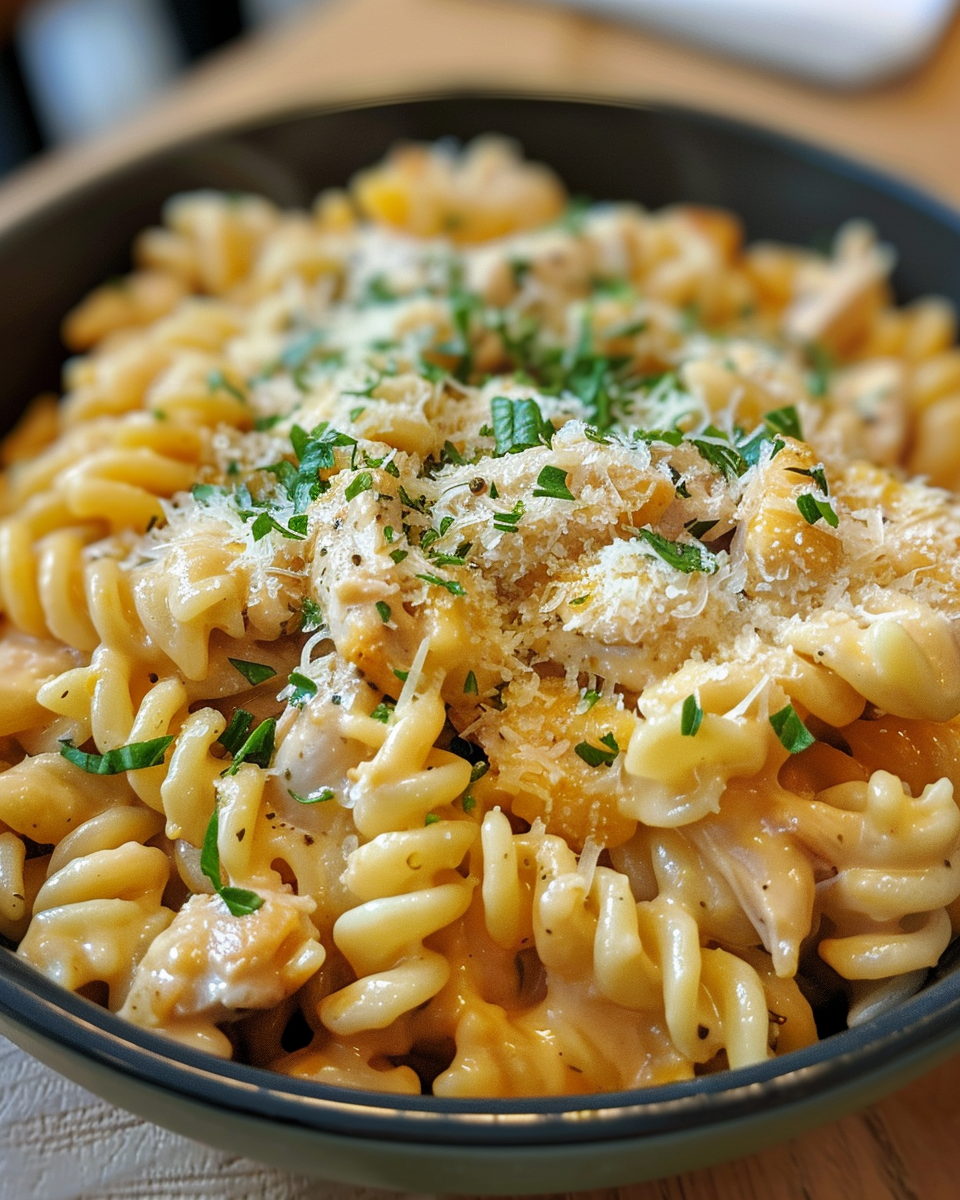 Ingredients for Buffalo Wild Wings Garlic Parmesan Chicken Pasta prepared in skillet