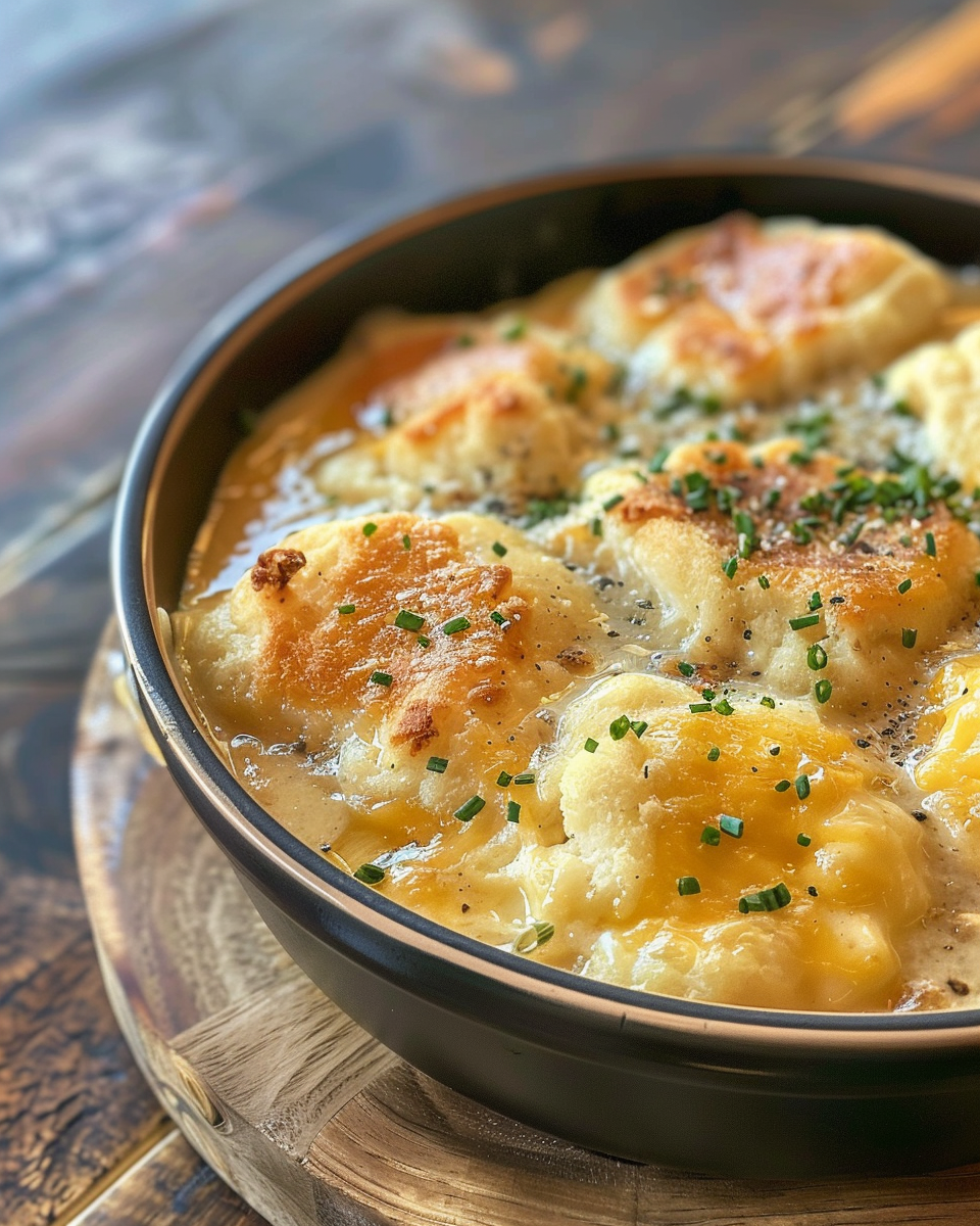Finished chicken and dumplings served in a bowl ready to eat