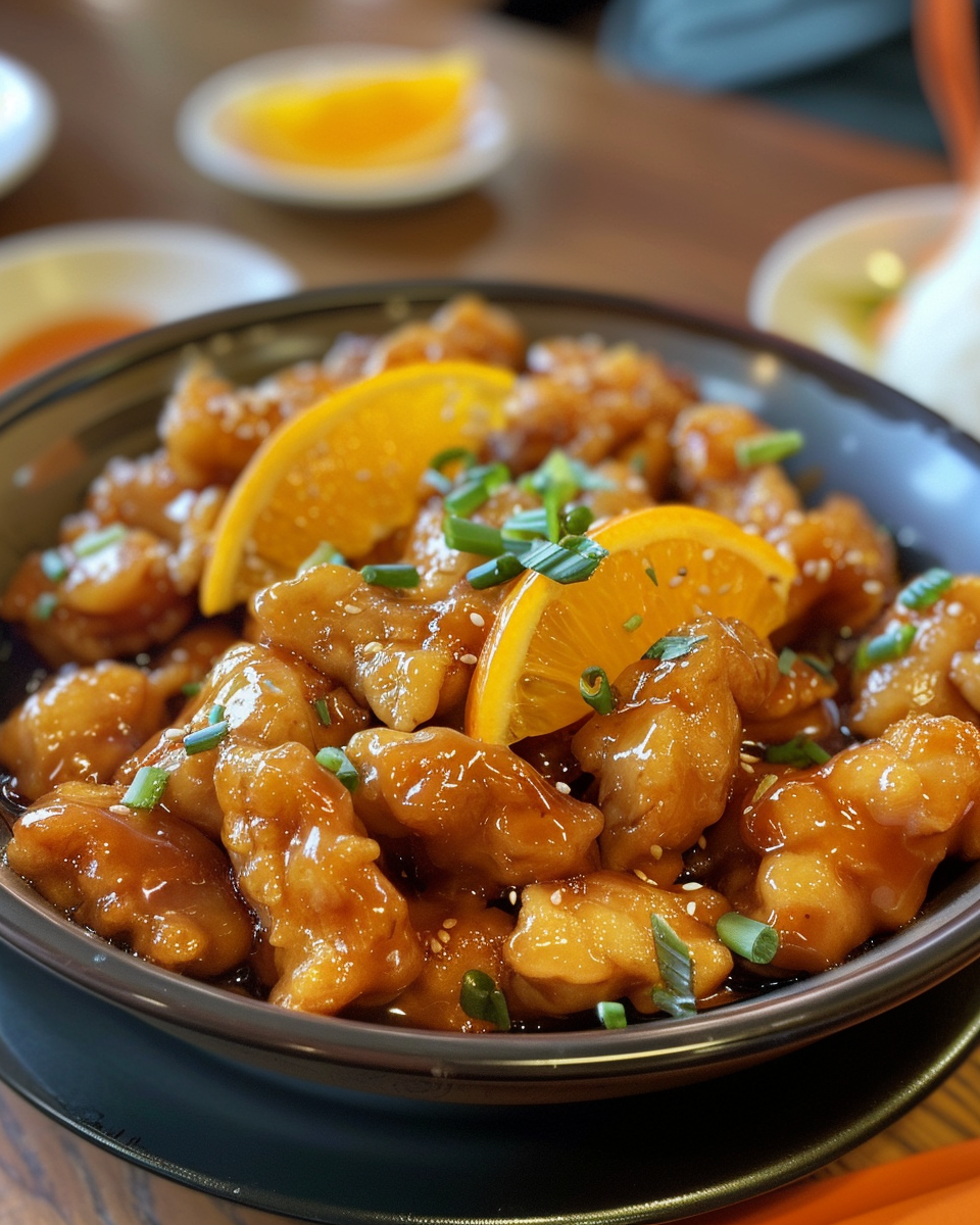 Copycat Panda Express Orange Chicken 4 Final plated crispy fried orange chicken served with sauce and garnish