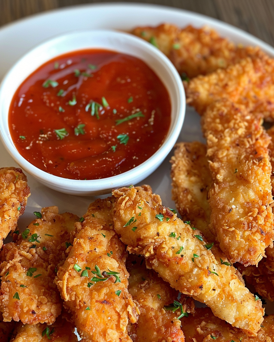 Plated crispy chicken fingers served with Zax sauce for dipping