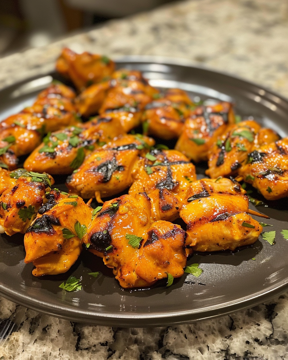 Just a great Chicken MarinadeNagi 4 Juicy cooked chicken with lemon slices and parsley garnish served