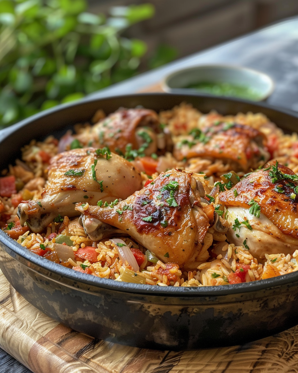 One Pot Chicken and Rice 4 Finished one pot chicken and rice plated and ready to serve with herbs